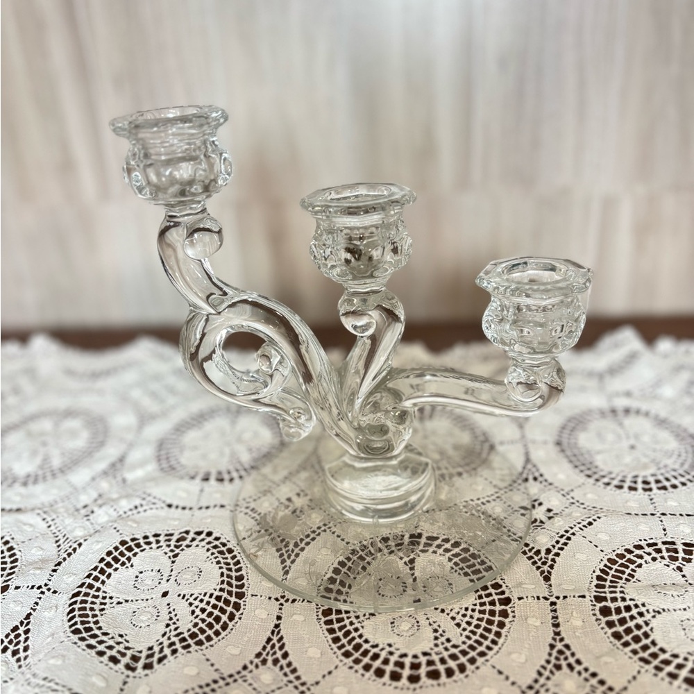 Heisey Orchid 3 Triple Candle Holder with Floral Etched Glass Base